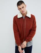 Asos Design Harrington Jacket With Fleece Collar In Brown - Brown