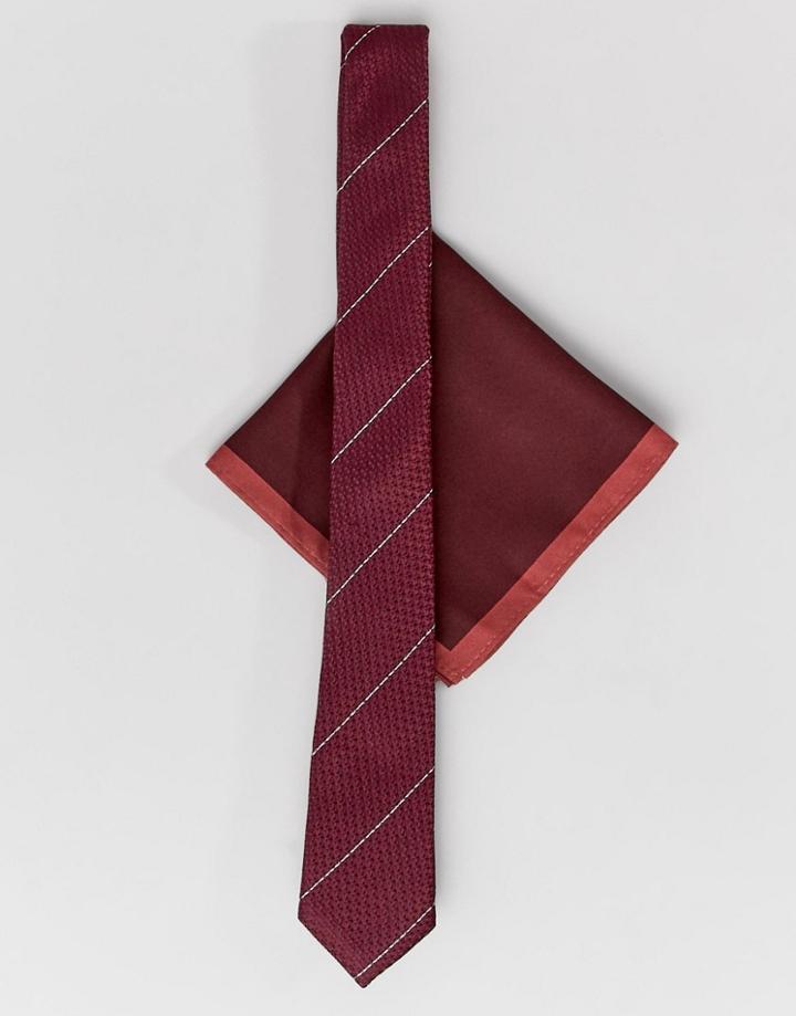Asos Design Slim Textured Tie With Red Border Pocket Square - Red
