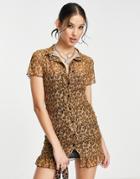 Daisy Street Button Front Frill Hem Mini Dress In Leopard Heart Mesh-multi