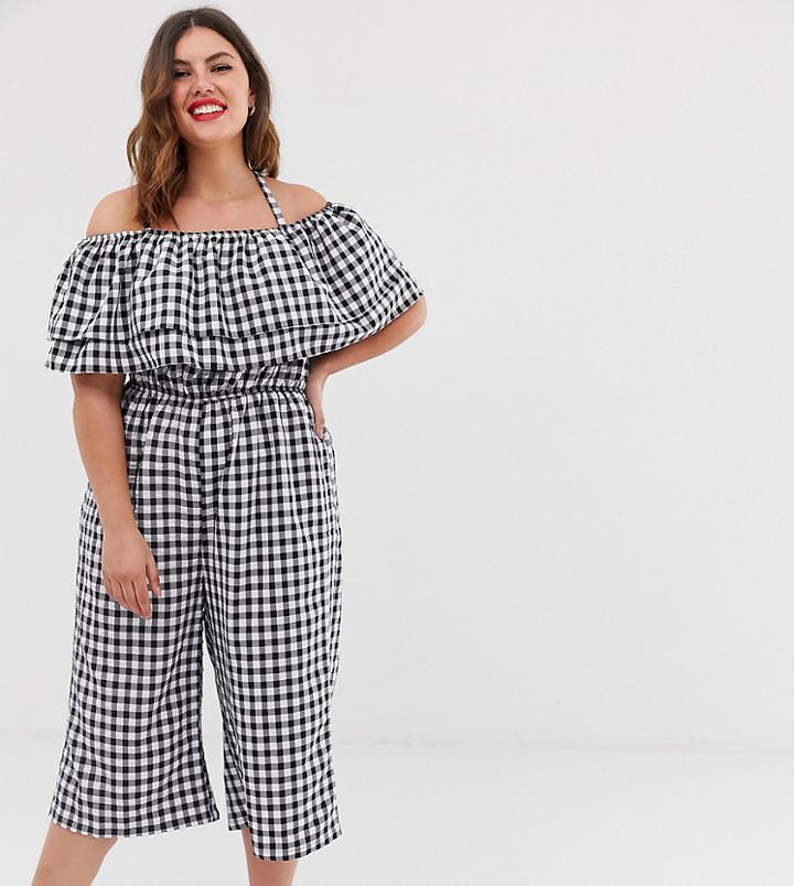 Glamorous Curve Off Shoulder Jumpsuit In Gingham-multi