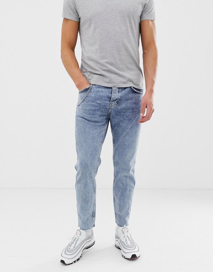 Bershka Slim Fit Jeans In Light Blue With Chain - Blue