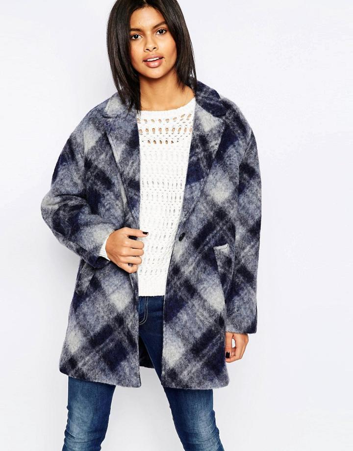 Pepe Jeans Tattler Checked Wool Mix Coat - Navy