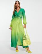 River Island Ring Detail Ombre Wrap Midi Dress In Green