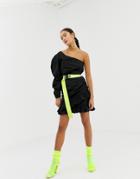 Collusion One Shoulder Dress With Neon Belt - Black