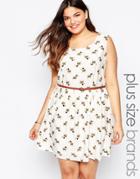 Yumi Plus Skater Dress With Belt In Sausage Dog Print - Cream