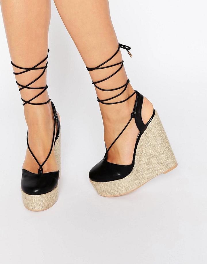 Lost Ink Cory Black Ghillie Lace Up Wedge Sandals - Black