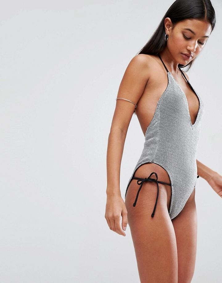 Asos Silver Chain Mail Effect Cut Out Swimsuit - Silver