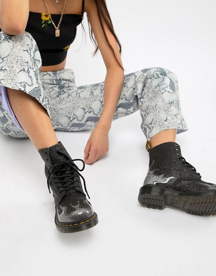 Dr Martens 1460 Pascal Black Glitter Flame Flat Ankle Boots - Red