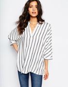Mango Oversized Stripe Collarless Shirt - White Stripe