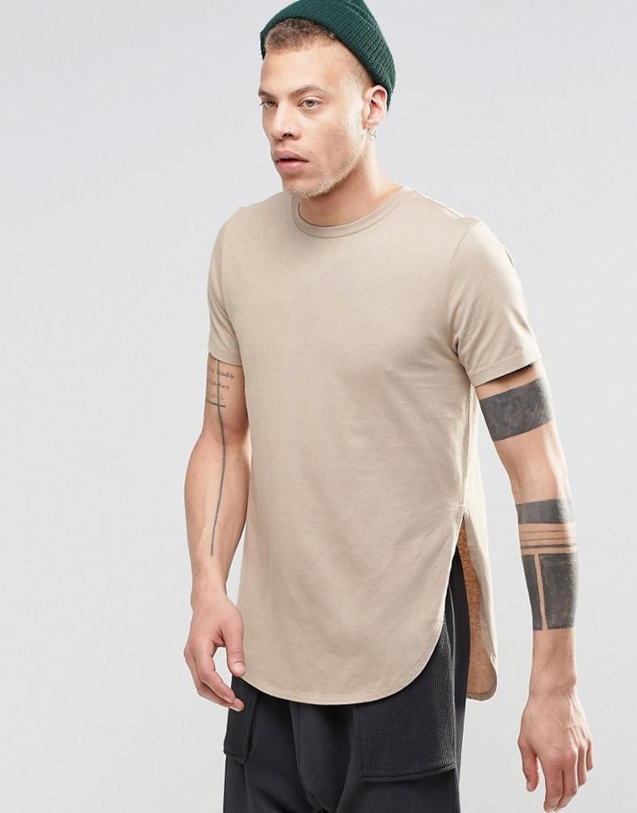 Asos Super Longline T-shirt With Side Splits And Curved Hem In Biege - Silver Mink