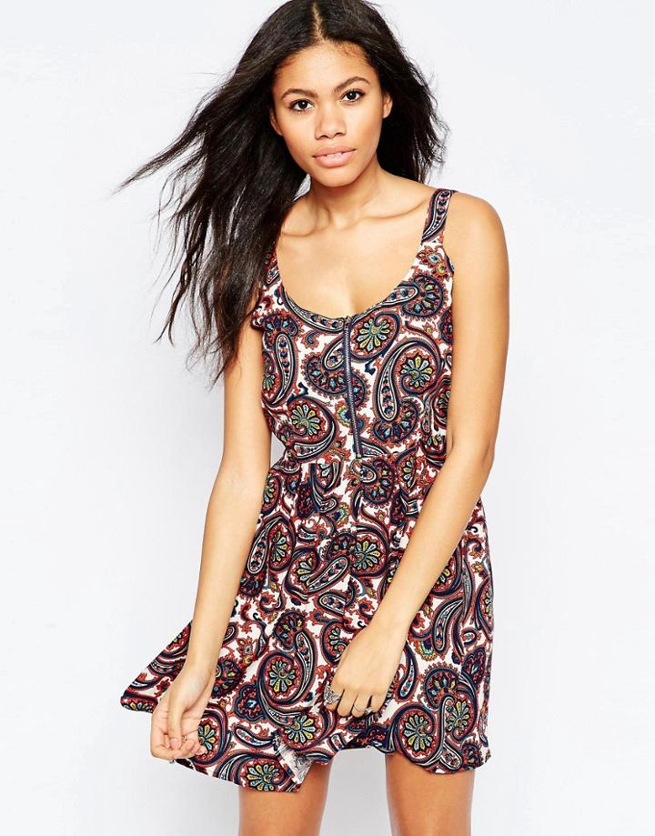 Brave Soul Paisley Print Dress With Zip Detail - Blue