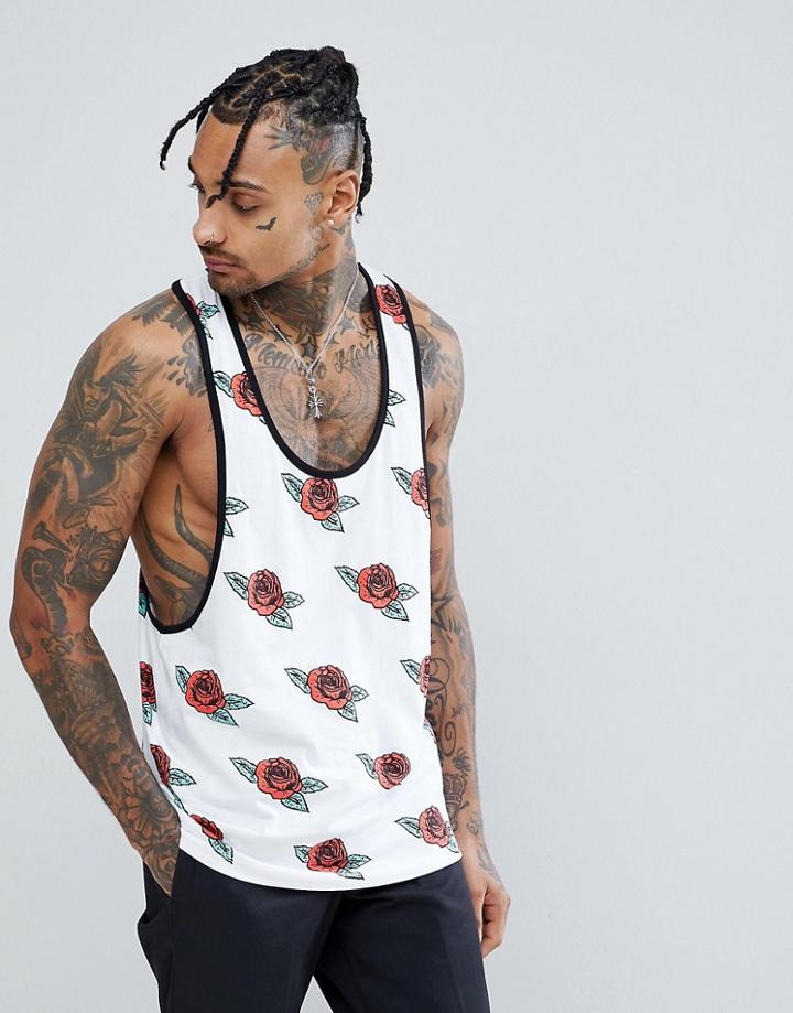Asos Extreme Racer Back Tank With Rose Print And Contrast Binding - White
