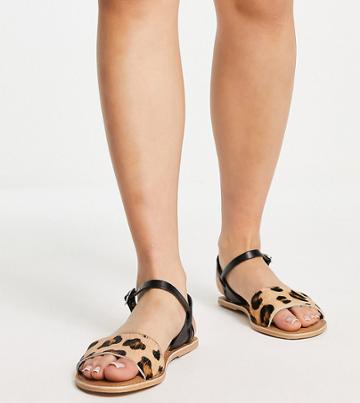 London Rebel Wide Fit Leather Two Part Flat Sandals In Black And Leopard-multi
