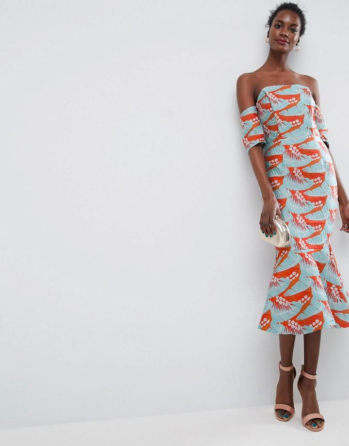 Asos Tropical Pephem Jacquard Pencil Midi Dress - Multi