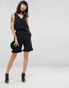 Asos Longline Short In Crepe With Ruffle Hem - Black