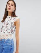 New Look Printed Lace Trim Shell Top - White