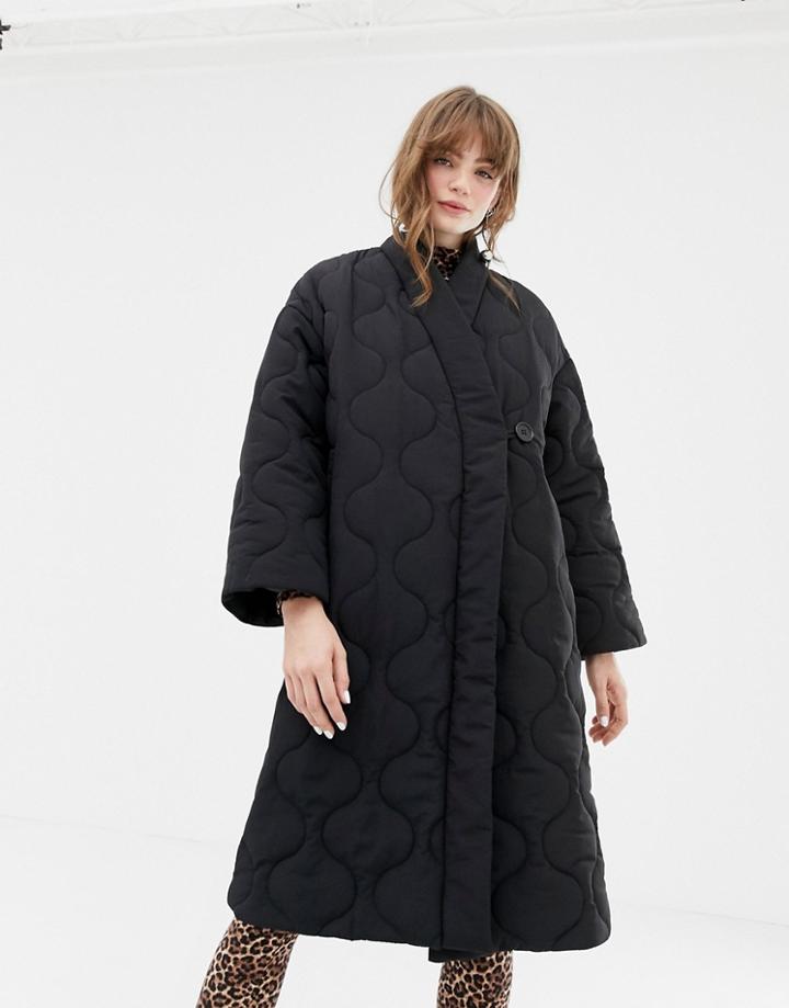 Monki Padded V-neck Coat In Black - Black