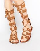 Park Lane Gladiator Suede Knee High Flat Sandals - Tan Suede