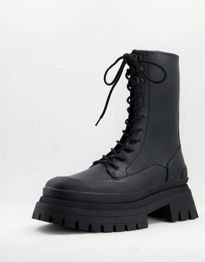 Asos Design Lace-up Calf Boots On Triple Stacked Sole With Contrast Stitching Detail In Black Faux Leather