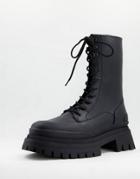 Asos Design Lace-up Calf Boots On Triple Stacked Sole With Contrast Stitching Detail In Black Faux Leather