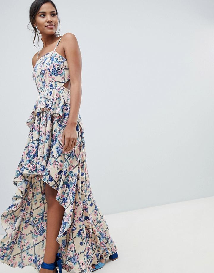 Asos Design High Low Maxi Dress In Grid Floral-multi