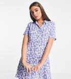 Pieces Exclusive Mini Shirt Dress In Blue Daisy Floral