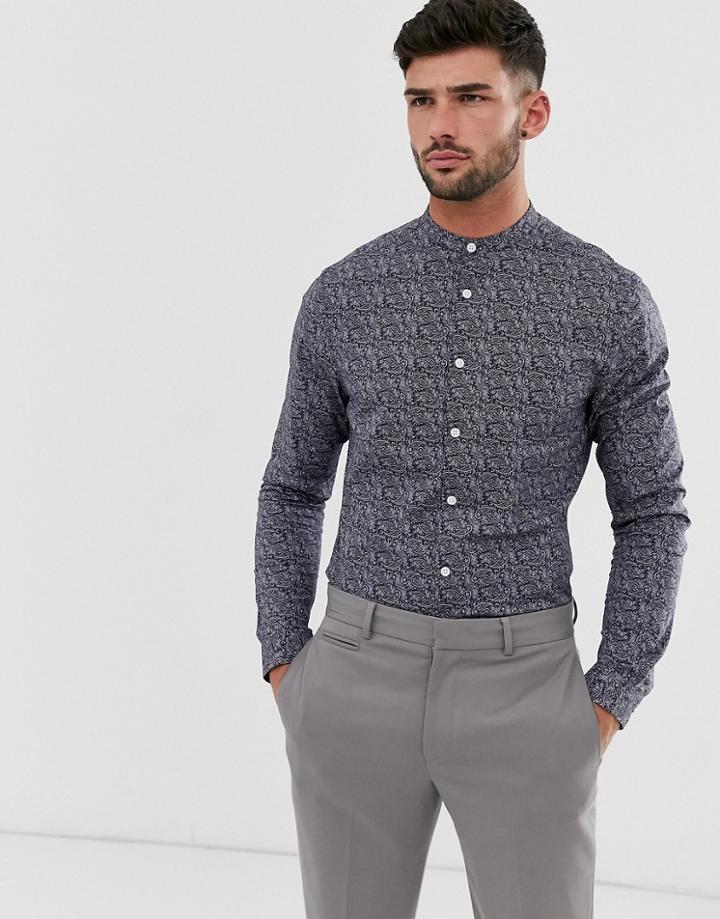 Asos Design Skinny Fit Paisley Shirt In Navy With Grandad Collar - Navy