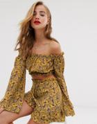 In The Style X Dani Dyer Bardot Elasticated Crop Top In Yellow Paisely - Multi
