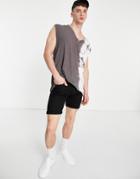 Asos Design Oversized Longline Tank With Low Neck In Black Tie Dye-grey