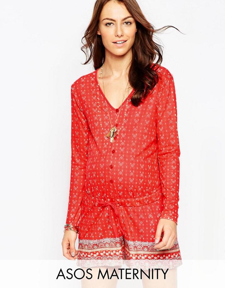 Asos Maternity Romper In Border Print - Red