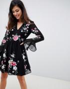 Asos Design Embroidered Mini Dress With Lace Trims - Black