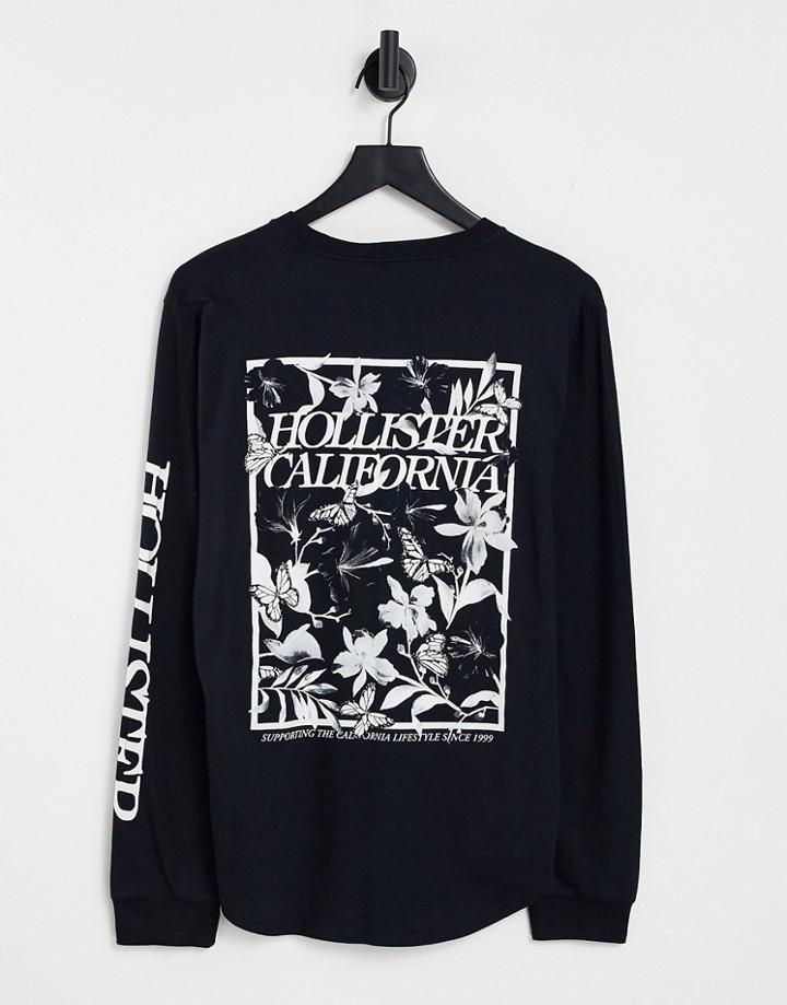 Hollister Central Chest Back & Sleeve Logo Long Sleeve Top In Black