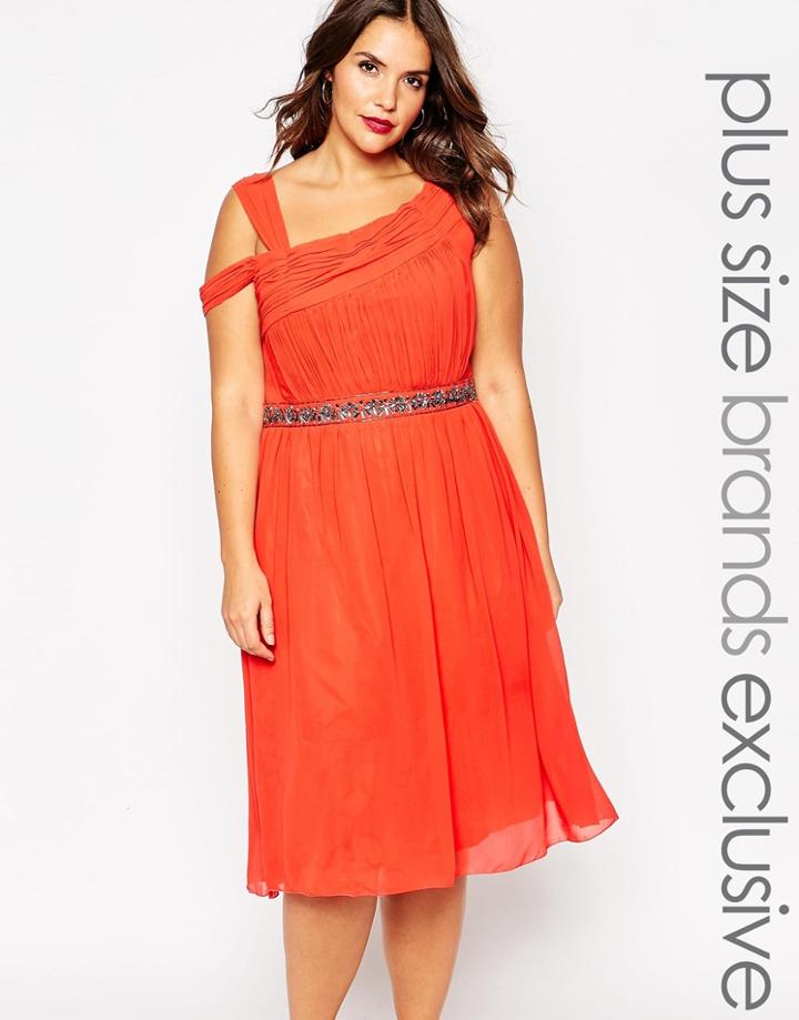 Little Mistress Plus Off The Shoulder Midi Embellished Prom Dress - Red