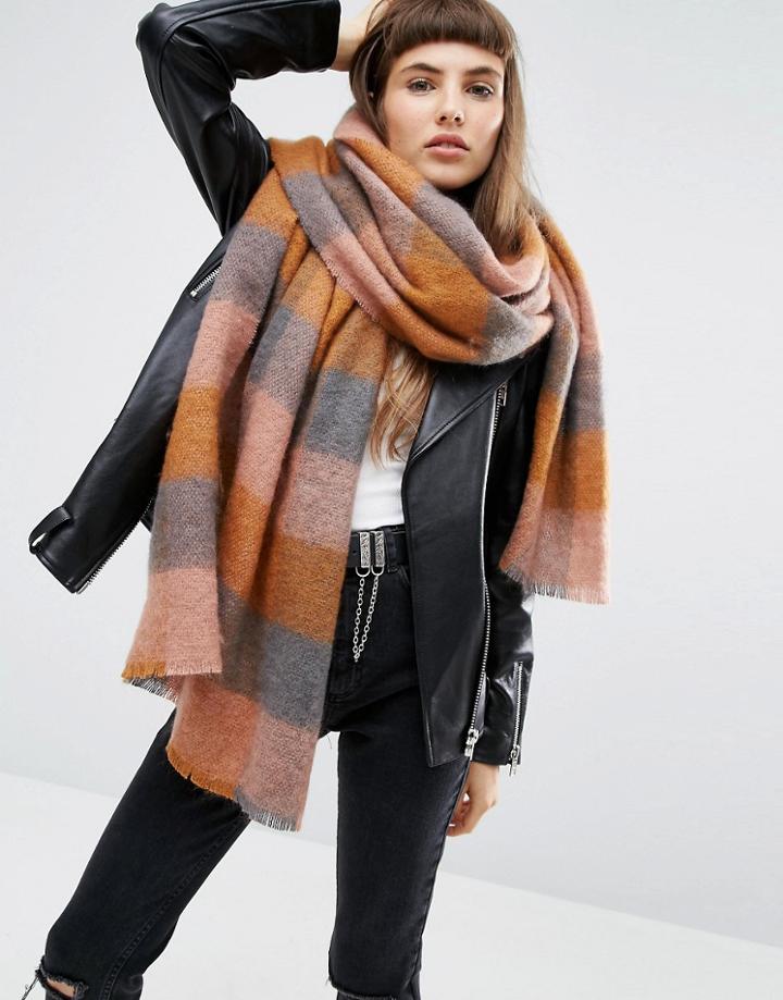 Asos Oversized Long Fluffy Check Pastel Scarf - Multi