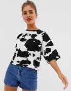 Asos Design Cropped Boxy T-shirt In Cow Print-white