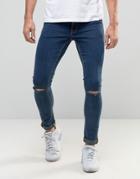 Asos Extreme Super Skinny Jeans With Knee Rips In Dark Wash - Blue