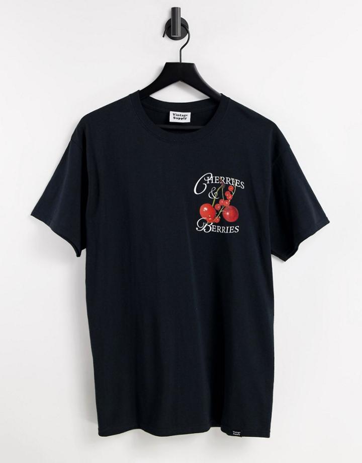 Vintage Supply Cherries & Berries Print T-shirt In Black