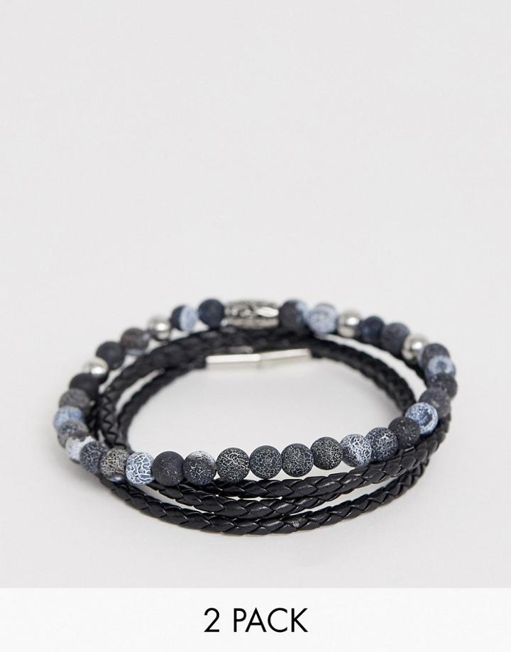 Seven London Black Beaded & Wrap Bracelet In 2 Pack Exclusive To Asos - Silver
