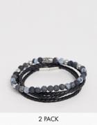 Seven London Black Beaded & Wrap Bracelet In 2 Pack Exclusive To Asos - Silver