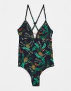Superdry Ava Cross Back Tropical Print Swimsuit In Black