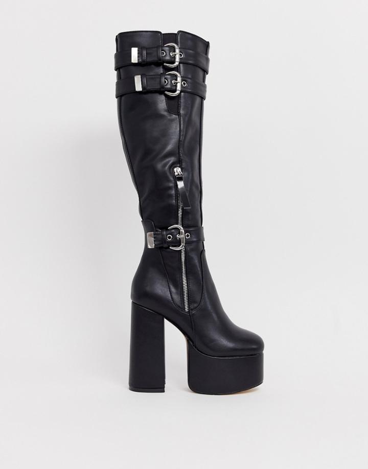 Lamoda Black Chunky Platform Knee High Boots
