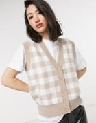 Lost Ink Knit Sweater Vest In Tan Gingham-neutral