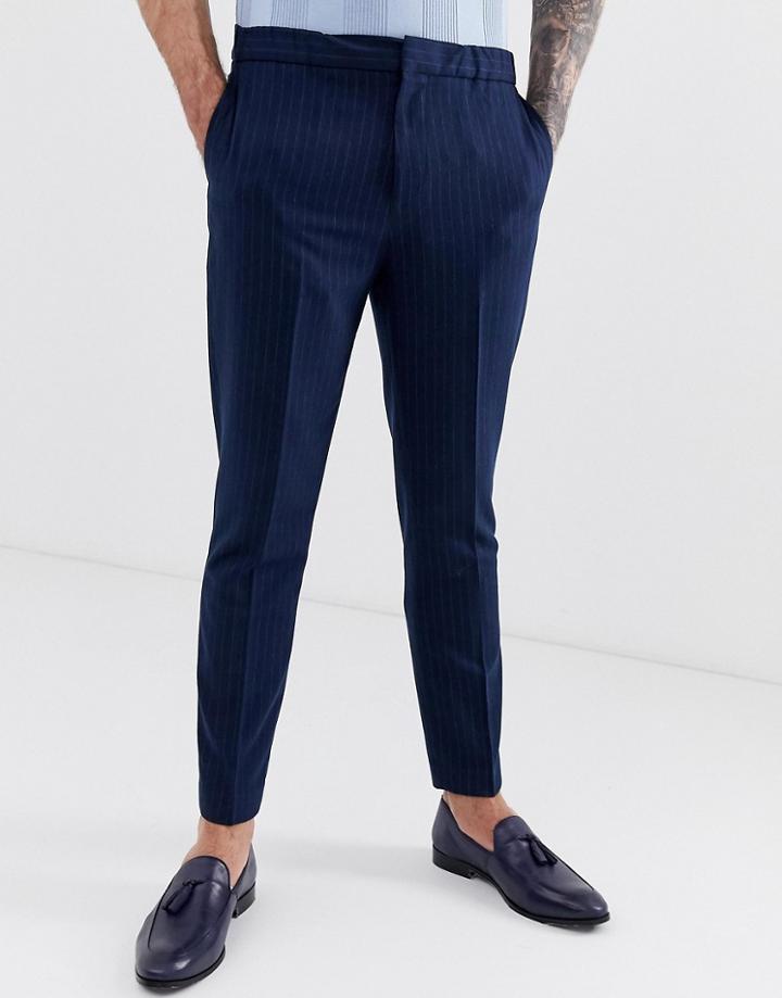 Harry Brown Slim Fit Elasticated Waist Cropped Pinstripe Pants-navy