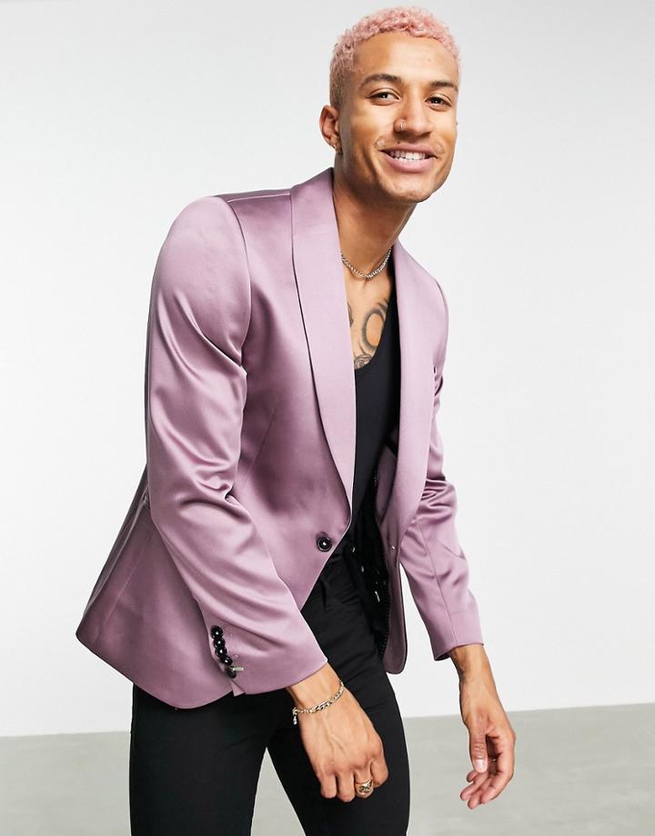 Twisted Tailor Suit Jacket With Wide Shawl Lapel In Mauve Satin-purple