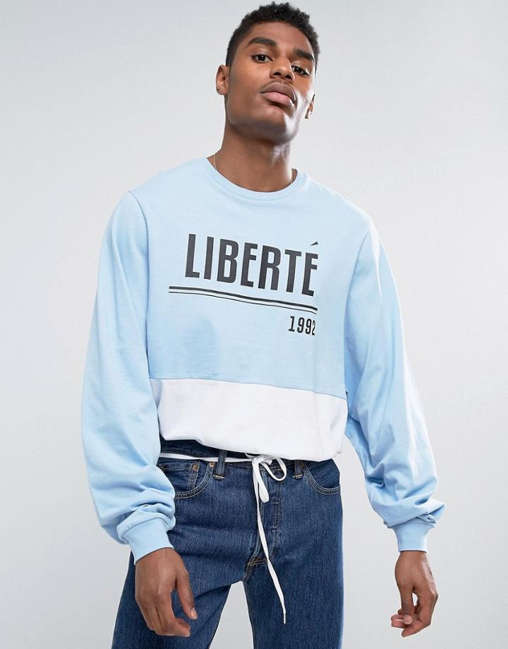 Asos Super Oversized Batwing Long Sleeve T-shirt With Liberte Print And Panelling - Blue