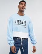 Asos Super Oversized Batwing Long Sleeve T-shirt With Liberte Print And Panelling - Blue