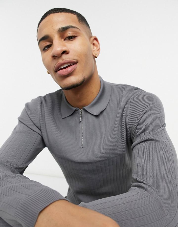 River Island Long Sleeve Knitted Polo In Gray-grey
