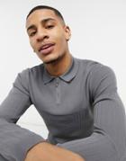 River Island Long Sleeve Knitted Polo In Gray-grey