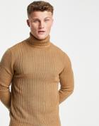 Soul Star Muscle Fit Ribbed Roll Neck Sweater In Tan-brown