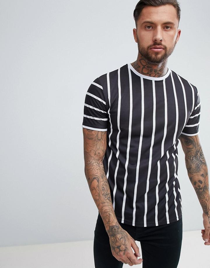 Boohooman T-shirt With Crew Neck In Black Stripe - Black